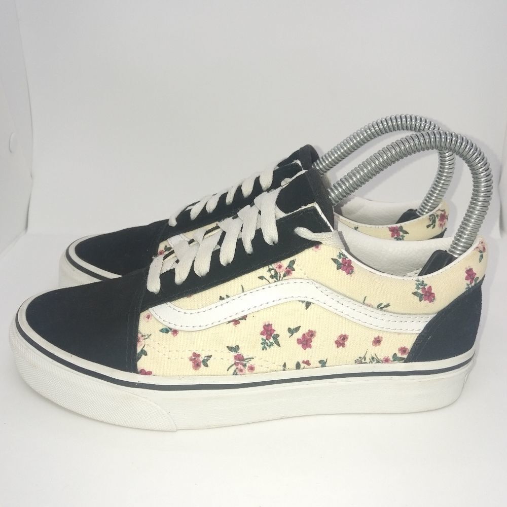 Vans Off The Wall Flower Themed Skateboard Sneakers Women's Size 5 Black, Beige